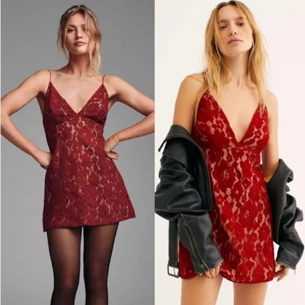 New Free People Dangerous Love Red Lace Mini Dress size 2